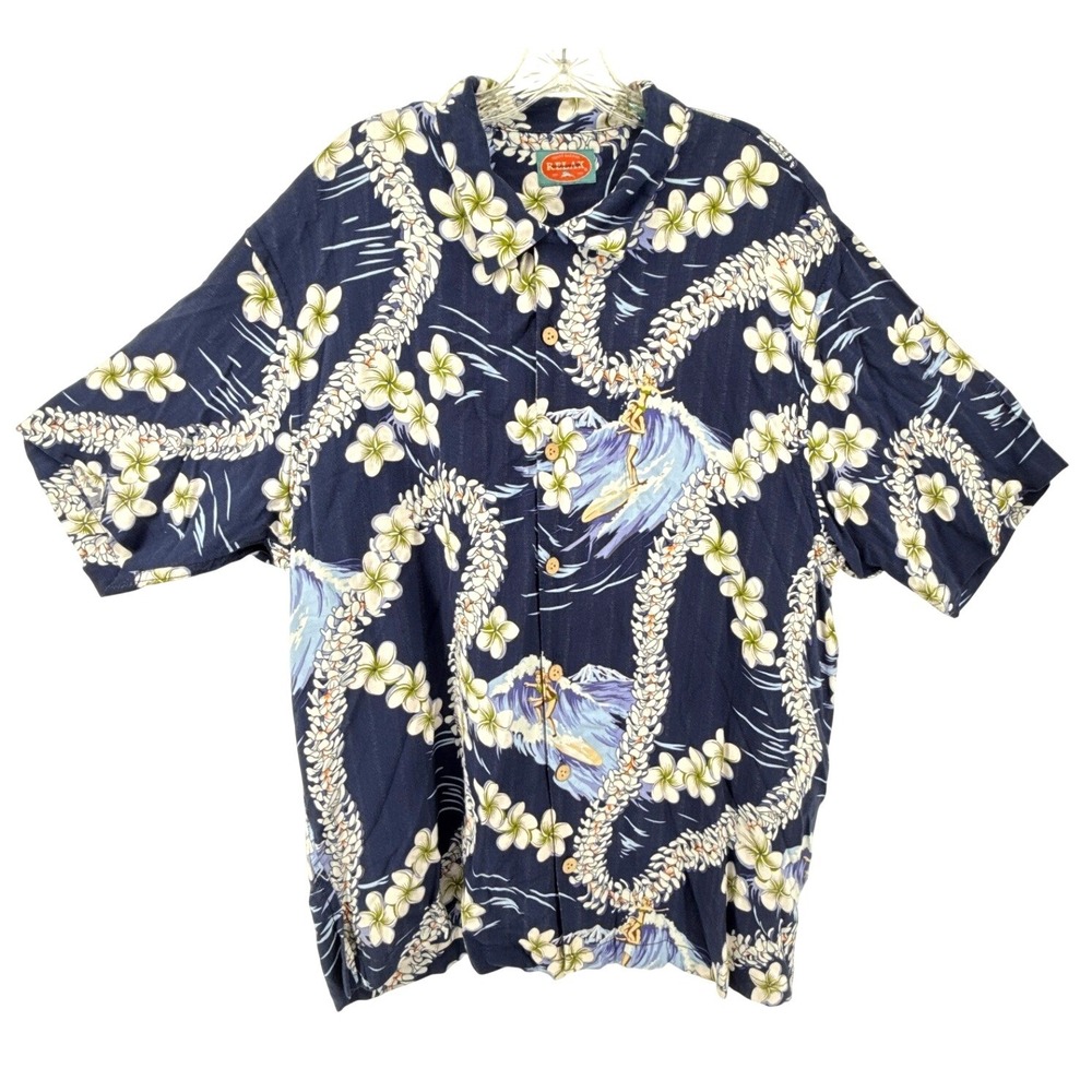 Tommy Bahama Relax Mens XL Navy Blue Hawaiian Lei Surfer Rayon Button Down Shirt